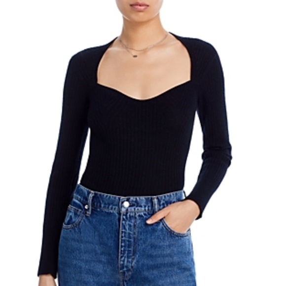 AQUA Cashmere Black Ribbed Sweetheart Neck Sweater – Size L - Picture 1 of 7